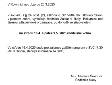 Ředitelské volno - jaro 2025